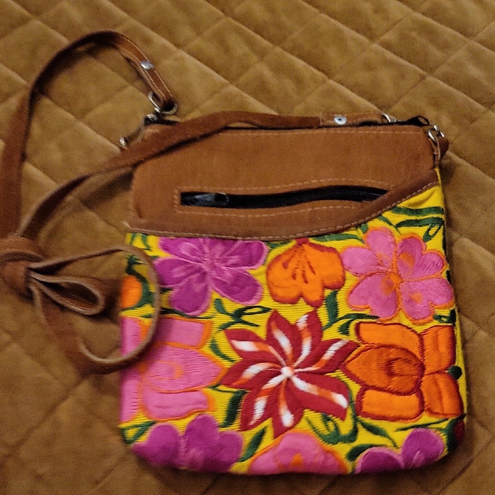 Brown and Yellow Floral Crossbody Bag with Leather Trim